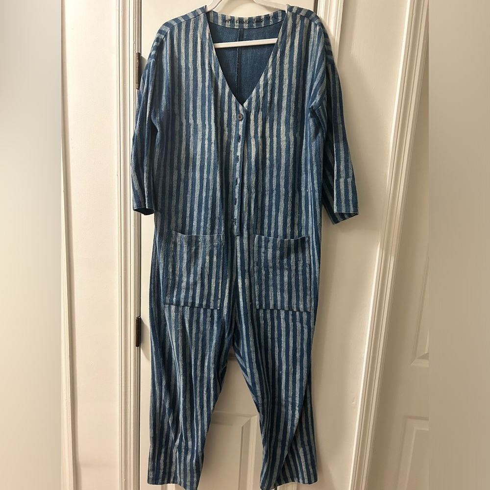 Happy French Gang Denim Striped Jumpsuit size medium/large